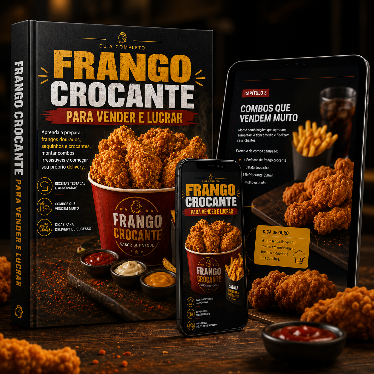 Mockup completo do Kit Frango Crocante